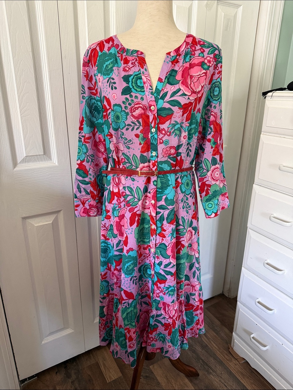 Talbots Belted Floral Cotton Shirtdress 3/4 Sleeve Sz 10